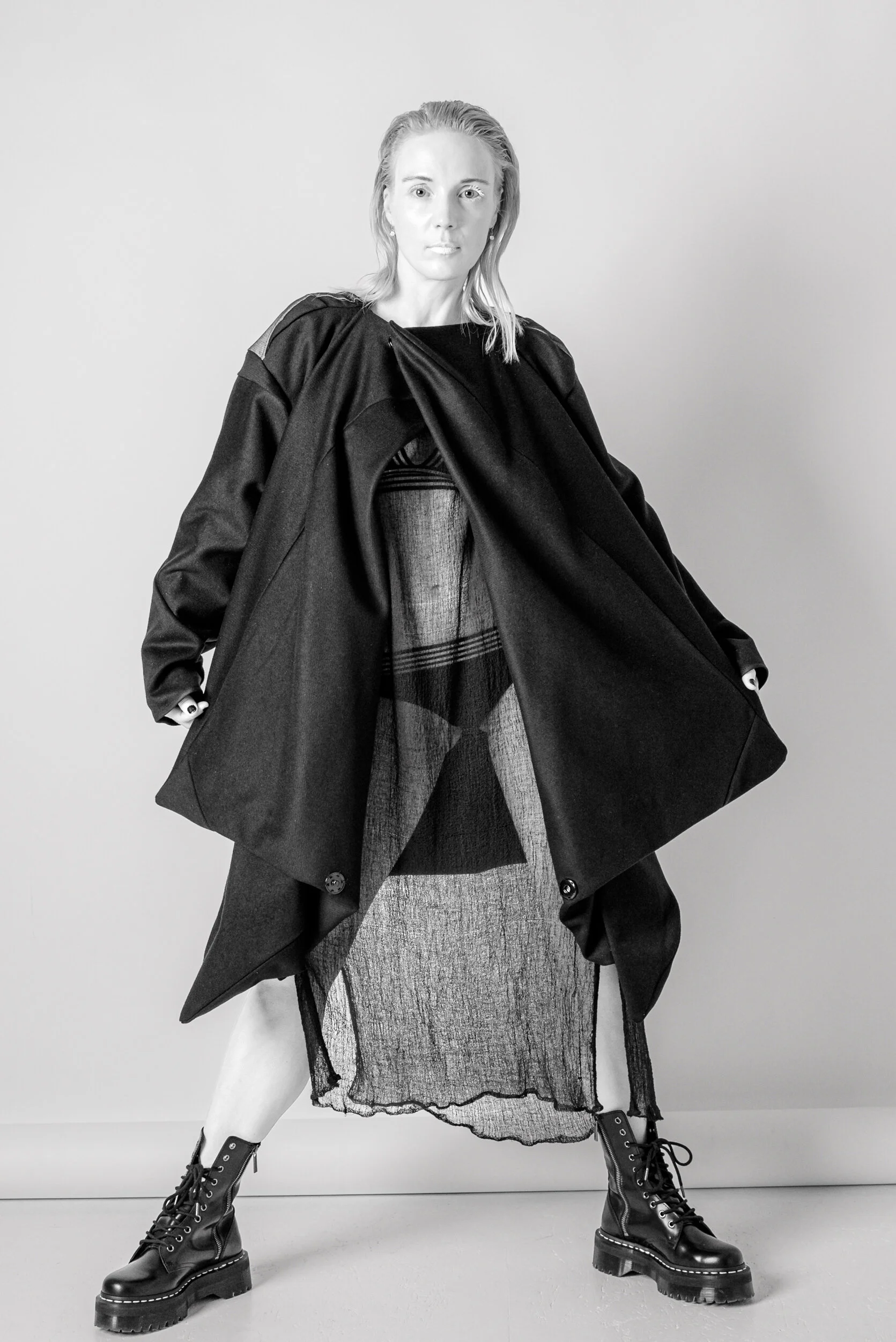 Denim/Wool Patchwork Asymmetrical Coat — HE